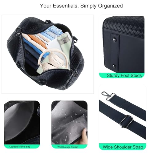 Weekender Bags with Shoe Compartment Travle Carry On Bag (Navy Blue) | Handwoven Duffel for Women with Wet Dry Separation, Beach Tote for Gym Overnight Trip - color: Navy Blue