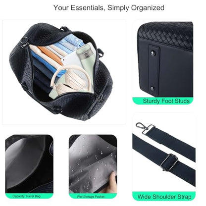 Weekender Bags with Shoe Compartment Travle Carry On Bag (Navy Blue) | Handwoven Duffel for Women with Wet Dry Separation, Beach Tote for Gym Overnight Trip - color: Navy Blue