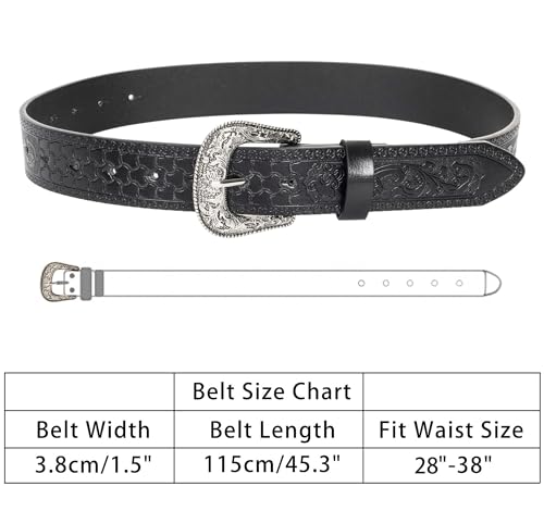 YCMI Womens Men Western Cowboy Belts Floral Engraved Engraved Buckle Adjustable Belt for Jeans Dress Skirt - color: Black