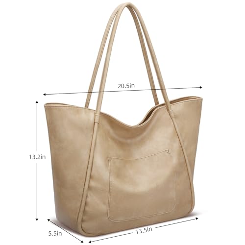 KKXIU Large Tote Bag for Women with Zipper Work Leather Travel Purse and Handbags - color: Beige
