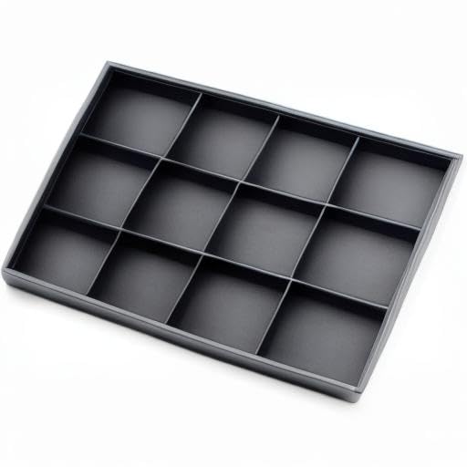 Black PU Leather 12-Grid Flat Jewelry Display & Organizer Tray | Black PU leather 12-grid divided jewelry tray, separate compartments for rings, necklaces, watches, retail & dresser display - style: 12 Grids