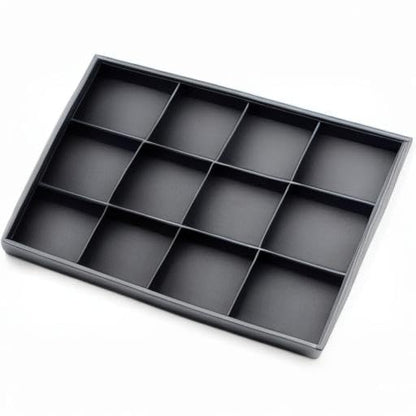 Black PU Leather 12-Grid Flat Jewelry Display & Organizer Tray | Black PU leather 12-grid divided jewelry tray, separate compartments for rings, necklaces, watches, retail & dresser display - style: 12 Grids