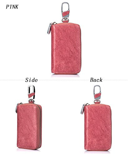 Large Leather Key Case Wallet with 12 Hooks & 1 Keychain/Ring for Men or Women - color: Pink