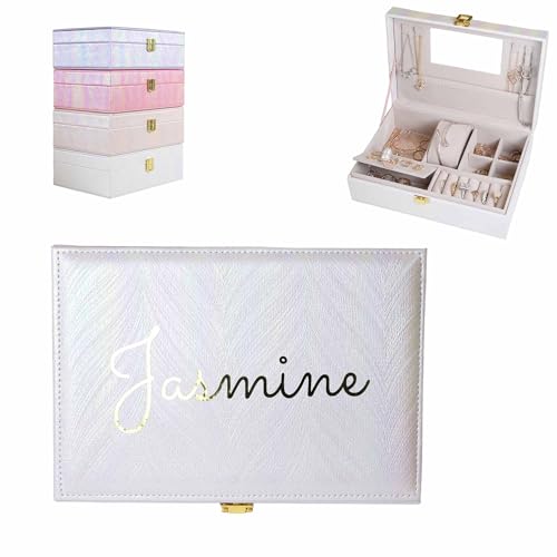 Customizable Rainbow Leather Box with Mirror, Jewelry Case, Jewelry Organizer, Jewelry Box for Women and Girls, Jewelry Organizer (White Rainbow) - color: White Rainbow