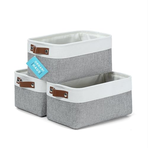 OrganiHaus 12x8in Canvas Storage Baskets, 3 Pack - Fabric Bins for Shelves | Vegan leather handles; a decorative pantry and office organizer, container for desk and books - color: Gray / Off-White, size: Small - 3pc