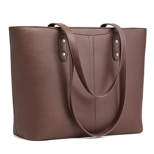 S-ZONE Tote Bag for Women Work Purses Handbags Luggage Strap Large Travel | Padded Laptop Compartment, Multi Pockets, Vegan Leather, Bottom Metal Rivet, Commuting Office Teacher - color: Coffee