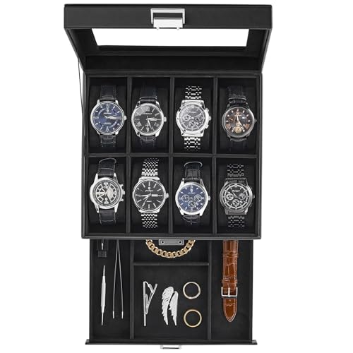ProCase Watch Case, 8 Slot Mens Watch Box with Drawer -Black | 2-Layer Jewelry Box Display Case Holder Organizer for Men, Clear Lid, Dad Friend Father Anniversary Christmas Birthday Gift - color: Black, size: 8-Slot