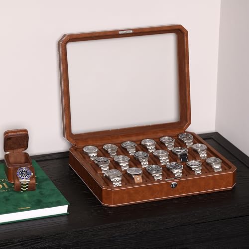 ROTHWELL 18-Slot Watch Case – Luxury Watch Box for Men, Real Glass Top, Lockable, Elegant Display for Collections (Tan/Brown) - color: 18 Slot -Tan / Brown
