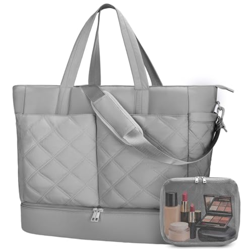 Large 2PCS Nylon Duffle Bag for Travel Weekender Overnight Hospital Gym Bag for Men & Women, Carry On Airline Approved Personal Item Duffel Garment Bag Luggage with Shoe Compartment & Packing Cube - color: 2PCS Grey