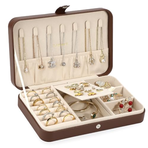 LANDICI Small Jewelry Box for Women Girls, PU Leather Travel Jewelry Case, Portable Jewelry Organizer Storage Holder Display for Ring Earrings Necklace Bracelet Bangle Men Kids Gift, Coffee - color: Coffee