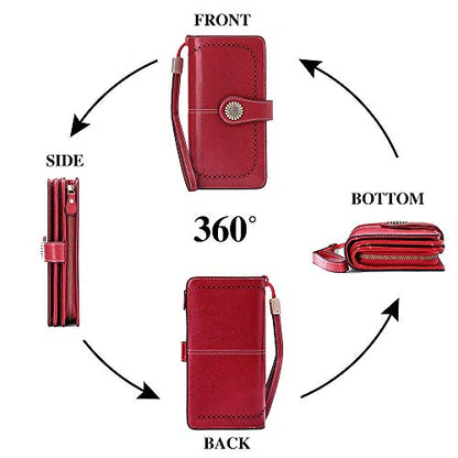 SENDEFN Womens Wallet RFID Blocking Card Holder Large Leather Wristlet - color: 1-Wax-Red-1