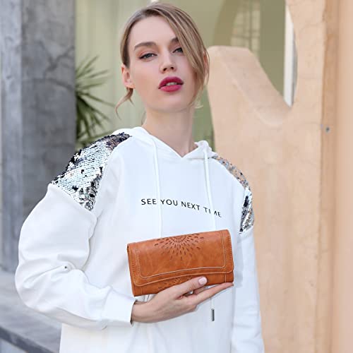 APHISON Womens Wallets RFID Blocking Leather Clutch Long Wallet for Women Card Holder Phone Organizer Ladies Travel Purse Hollow Out Sunflower Design Gift - color: BROWN
