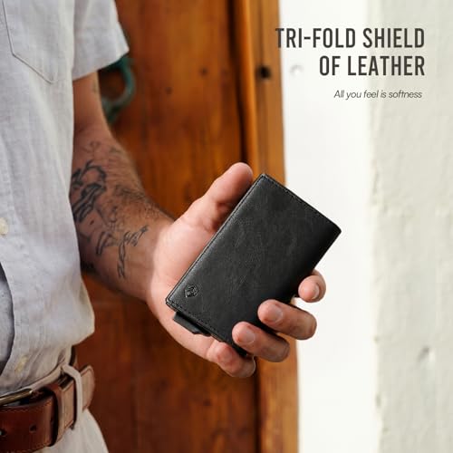 YESIIW RFID Blocking Wallet for Men — Trifold Pop Up Card Holder Holds 8–11 Cards & 10 Bills, Premium Leather Slim Wallet with Magnetic Closure & Zippered Coin Pocket | Birthday Gift for Men - color: A01-Black