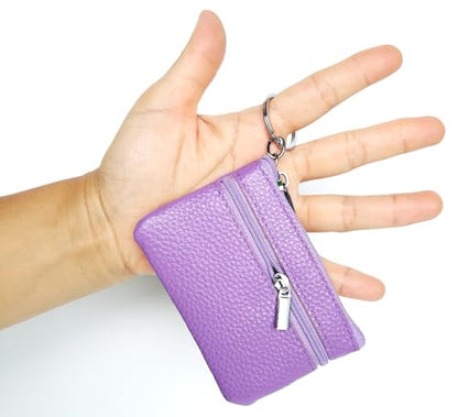 Women's Leather Small Coin Purse with Keychain, Mini Card Holder Case (Light Purple) - color: Light Purple