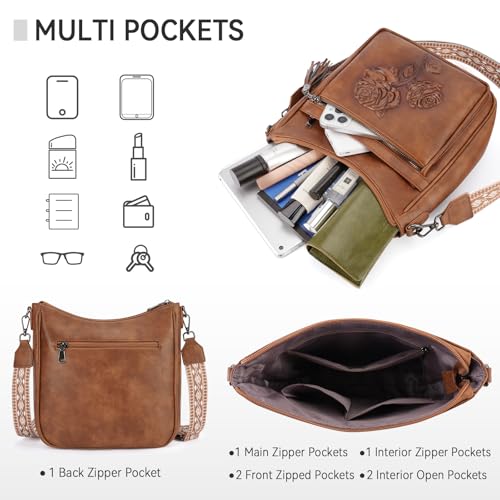 Medium Crossbody Bags for Women,Vegan Leather Hobo Purses Embossed | Women's Shoulder Handbags with Adjustable Boho Strap for Daily Travel Lightweight Cross body Purses with Multi Pockets - color: 02-brown