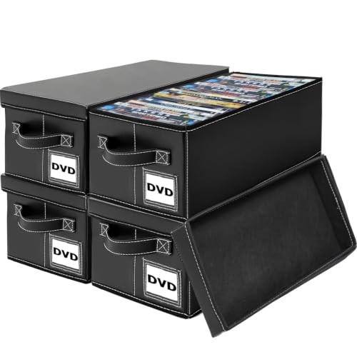 PU Leather DVD Storage Box with Handle - 4 Pack | Holds 100 DVDs/Blu-rays/Games, Compact 15.7x7.9x5.7 Inches, for Desktop/Closet Storage - size: 4 Pack