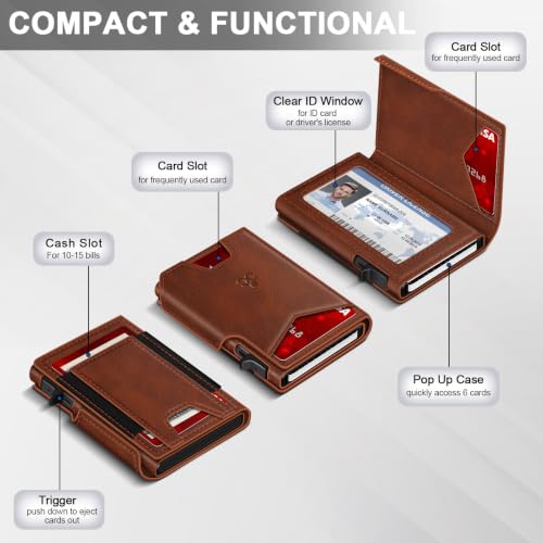 Wallet for Men Wallet with Slim Pop Up Card Holder 9-13 Cards, Bifold Minimalist Smart Wallet RFID Blocking Credit Card Holder with ID Window & Stretchable Cash Slot Compact Metal Aluminum Card Case - color: Brick-Red