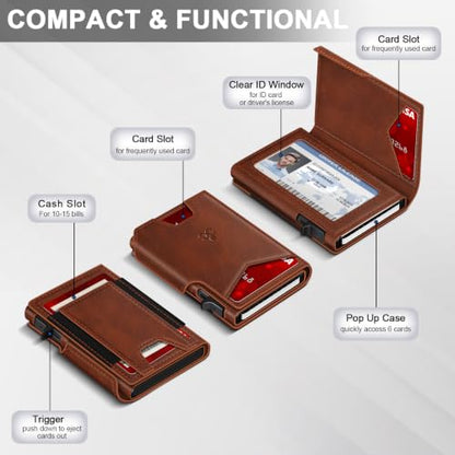 Wallet for Men Wallet with Slim Pop Up Card Holder 9-13 Cards, Bifold Minimalist Smart Wallet RFID Blocking Credit Card Holder with ID Window & Stretchable Cash Slot Compact Metal Aluminum Card Case - color: Brick-Red