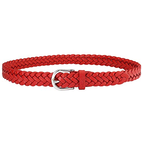 Falari Women's Leather Braided Belt Stainless Steel Buckle - color: Red, size: XL 42-44 (fit waist 40-42)