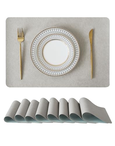 Leetaltree Reversible Faux Leather Placemats 12x17 Inch, Set of 8, Heat Resistant Waterproof Table Mats, Non-Slip, Wipeable Dining Kitchen Mats, Light Gray - color: Light Gray, size: 8 Pack