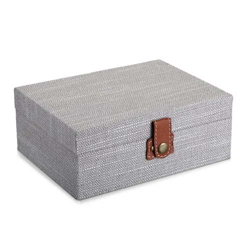 Hipiwe Decorative Jewelry Storage Box Gray Wooden Case with Linen Covered Treasure Chest for Women Gift Photo Organizer with Clasp Keepsake Box Home Decor, Medium - color: Gray, size: Medium