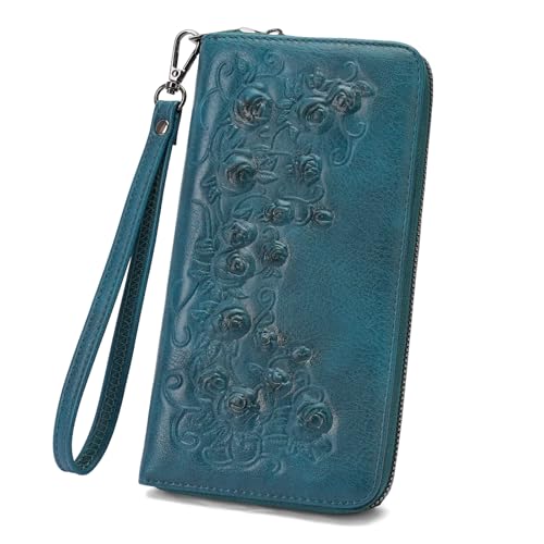 MEITRUE Womens Wallet Large Capacity Phone Clutch Purse RFID Floral Embossed Vegan Leather Travel Wallet with Wristlet Peacock Blue - color: 03-peacock Blue