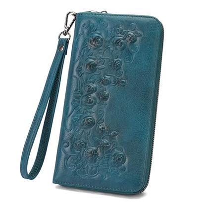 MEITRUE Womens Wallet Large Capacity Phone Clutch Purse RFID Floral Embossed Vegan Leather Travel Wallet with Wristlet Peacock Blue - color: 03-peacock Blue