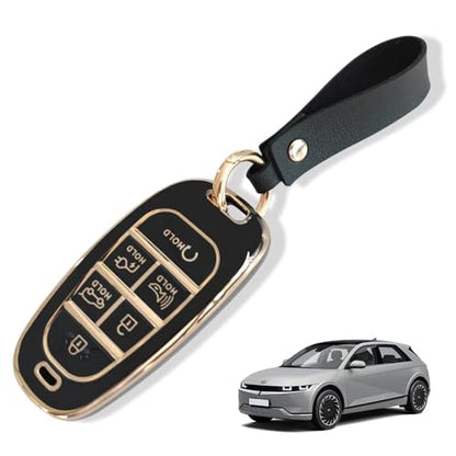 BestEvMod for Ioniq5 Key Fob Cover Accessories,Key Shells with Keychain TPU All-Around Protection Remote Key Case Compatible with 2022-2024 Hyundai Ioniq 5 Accessories (6 Button, Black) | TPU Shells All-Around Protection Remote Key Case Accessories - size