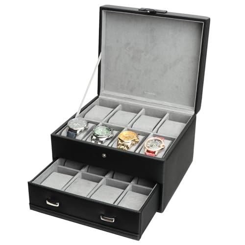 Watch Box, 16-Slot Watch Case Organizer for Men, 2 Layers (Black) | Watch Holder Organizer, Watches Display Case, Removable Pillows, Watch Storage with Grey Lining & Black Synthetic Leather - color: Black, size: 16 Slot