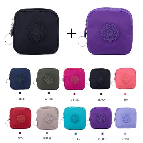 Coin Purse Change Pouch for Women 2 Layers Zipper Oxford Cloth Waterproof Purse (Black+Purple) - color: Black+Purple