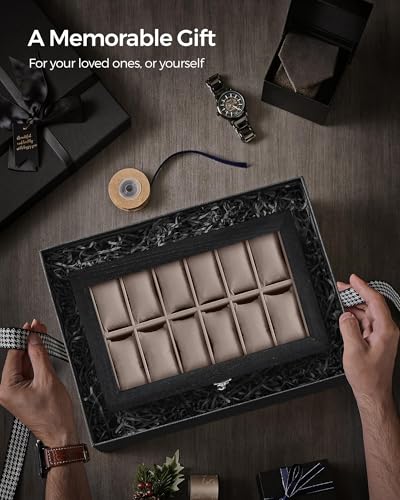SONGMICS 12-Slot Watch Box, 2-Tier Watch Display Case with Large Glass Lid, Removable Pillows, Velvet Lining, Jewelry Box, Gift Idea, Ebony Black UJOW012B01 - color: Ebony Black, size: 2 Layer 12 Slot