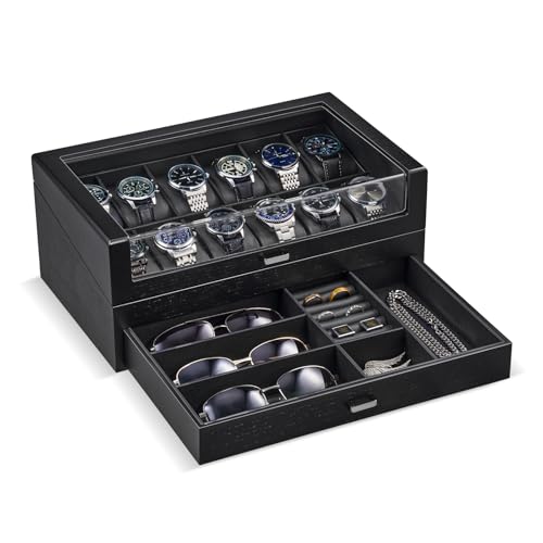 ProCase High End Wooden Watch Box for Men, 2-Layer Wood Watch Display Case Men's Jewelry Organizer Box with Drawer -12 Slot, Black - color: Black, size: 12 Slot