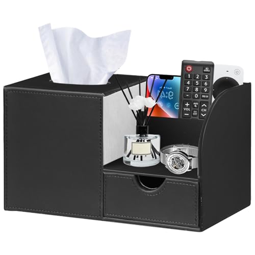 Nightstand Organizer with Tissue Holder,PU Leather Square Tissue Box Cover | Modern Facial Paper Organizer Storage Box for TV Remote Control,Bathroom,Vanity Countertop,End Table,Home and Office Decor - color: Black Cowhide