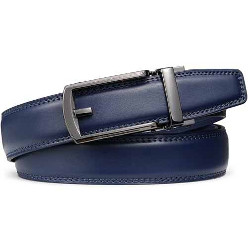 Founders & C Mens Ratchet Belt Leather Click 1 1/4" with Slide Buckle, Casual Dress Belt Adjustable - color: Gun/Blue, size: 28" to 34" Waist Adjustable
