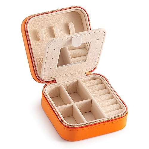 TRODANCE Jewelry Travel Case with Mirror,Small Travel Jewelry Organizer, Portable Jewelry Box Travel Mini Organizer Portable Display Storage Box for Rings Earrings Necklaces (Orange) - color: B1 - 1 pack - Orange