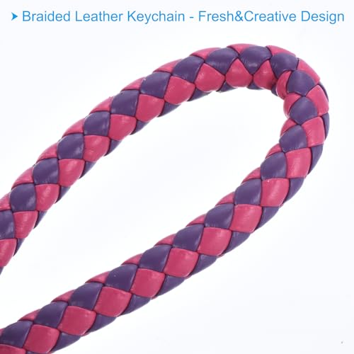 PATIKIL Braided Leather Keychain with Key Ring Sleeve, PU Woven Wristlet Lanyard Strap Fob Keyring Holder for Car Bag Pendant - color: Purple Rose Red