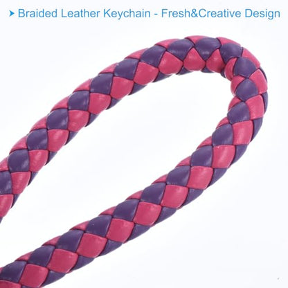 PATIKIL Braided Leather Keychain with Key Ring Sleeve, PU Woven Wristlet Lanyard Strap Fob Keyring Holder for Car Bag Pendant - color: Purple Rose Red