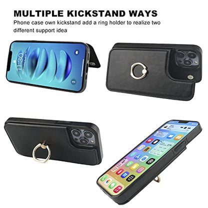 ONETOP for iPhone 14 Pro Wallet Case with Credit Card Holder,Black | 360° Rotation Ring Kickstand,Finger Grip,Double Magnetic Clasp,RFID Blocking PU Leather Shockproof Cover for Women Men - color: Black