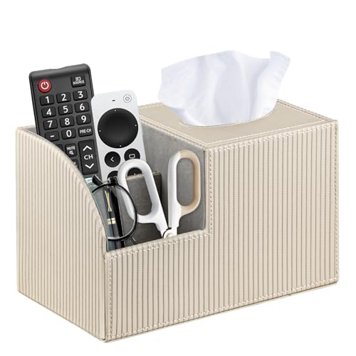 Square Tissue Box Cover with Storage, PU Leather Facial Cube Tissue Holder - color: Apricot