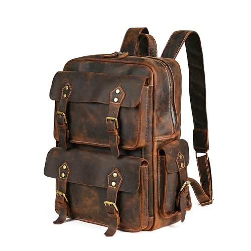 HandadsumeGenuine Crazy Horse Leather Large Travel Back-pack Rucksack Laptop Bag For Men 1965 (1965 Dark Brown 2) - color: 1965 Dark Brown 2