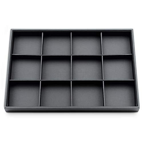 Black PU Leather 12-Grid Flat Jewelry Display & Organizer Tray | Black PU leather 12-grid divided jewelry tray, separate compartments for rings, necklaces, watches, retail & dresser display - style: 12 Grids