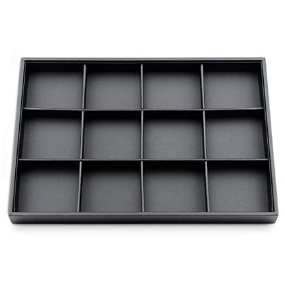 Black PU Leather 12-Grid Flat Jewelry Display & Organizer Tray | Black PU leather 12-grid divided jewelry tray, separate compartments for rings, necklaces, watches, retail & dresser display - style: 12 Grids