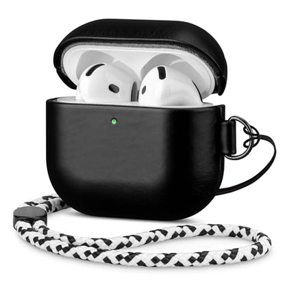 Maogoam Genuine Veg-Tanned Leather Case Cover for Apple AirPods 4 2024 | Elegant Style with Lanyard, Full-Grain Leather, Grow Dark with Patina, Compatible with MagSafe, Easy Carry, Black - color: Glossy Black, size: AirPods 4