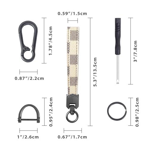 OHKYOOT Leather Car Keychain for Home Car Keys | Carabiner Clip Key Fob Keychain for Women Men,Car Key Holder with 3 Key Ring and Anti-Lost D Ring - color: Grid Off White