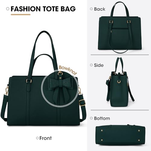 NUBILY Laptop Bag for Women 15.6 inch Leather Work Tote Bag | Waterproof Computer Bag with Bow Large Briefcase with Multi-Pockets Handbag Purse for Business Office Commuting Dark Green - color: Dark Green