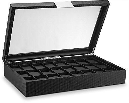 Glenor Co Watch Box for Men - 24 Slot Flat Luxury Display Case Organizer, Carbon Fiber Design for Mens Jewelry Watches, Men's Storage Holder Boasts Large Glass Top,Metal Buckle & Leather Pillows-Black - color: Black, size: 24 Slot Flat
