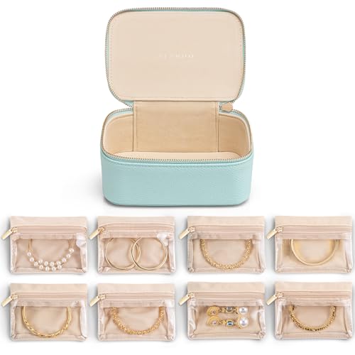 VLANDO Jewelry Travel Case with 8 Clear Velvet Zipper Pouches,Lake Blue | Travel Essentials,Individual Zipper Pouches,Necklaces,Bracelets Organizer,Women Brides Travel Birthday Gift - color: C.8PCS Lake Blue