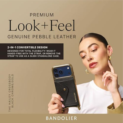 Bandolier Hailey Chrome Crossbody Wallet Phone Case for iPhone 15 Pro. 100% Genuine Pebble Leather with Gold Hardware. Adjustable & Removable Strap. Expandable Flip Card Holder. Black with Gold - color: Black/Gold Chrome, size: iPhone 15 Pro