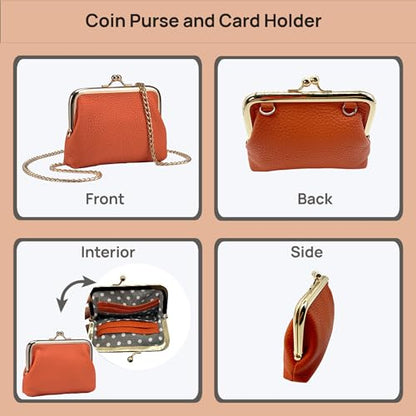 Leather Coin Purse for Women – Small Credit Card Holder with Chain, Mini Crossbody Wallet for Cash & Change - color: Orange