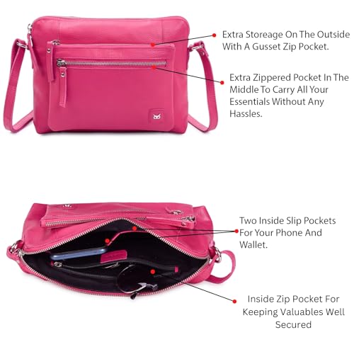 Leather Crossbody Bags for Women Small Soft Genuine Pebbled Sling Shoulder Handbag Crossover Purse with Full Adjustable Strap (Hot Pink Nappa) - color: Hot Pink Nappa